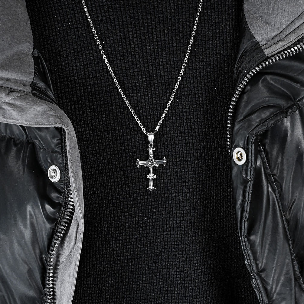 Kemstone Stainless Steel Eye Cross Pendant Necklace for Men Vintage Silver K-PT536