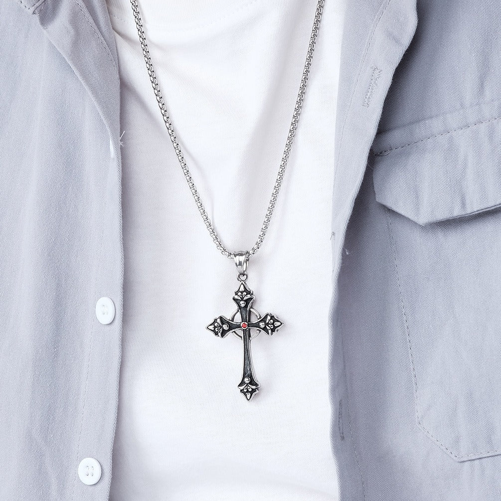 Kemstone Stainless Steel Red Cubic Zirconia Cross Pendant Necklace for Men Vintage Silver K-PT396