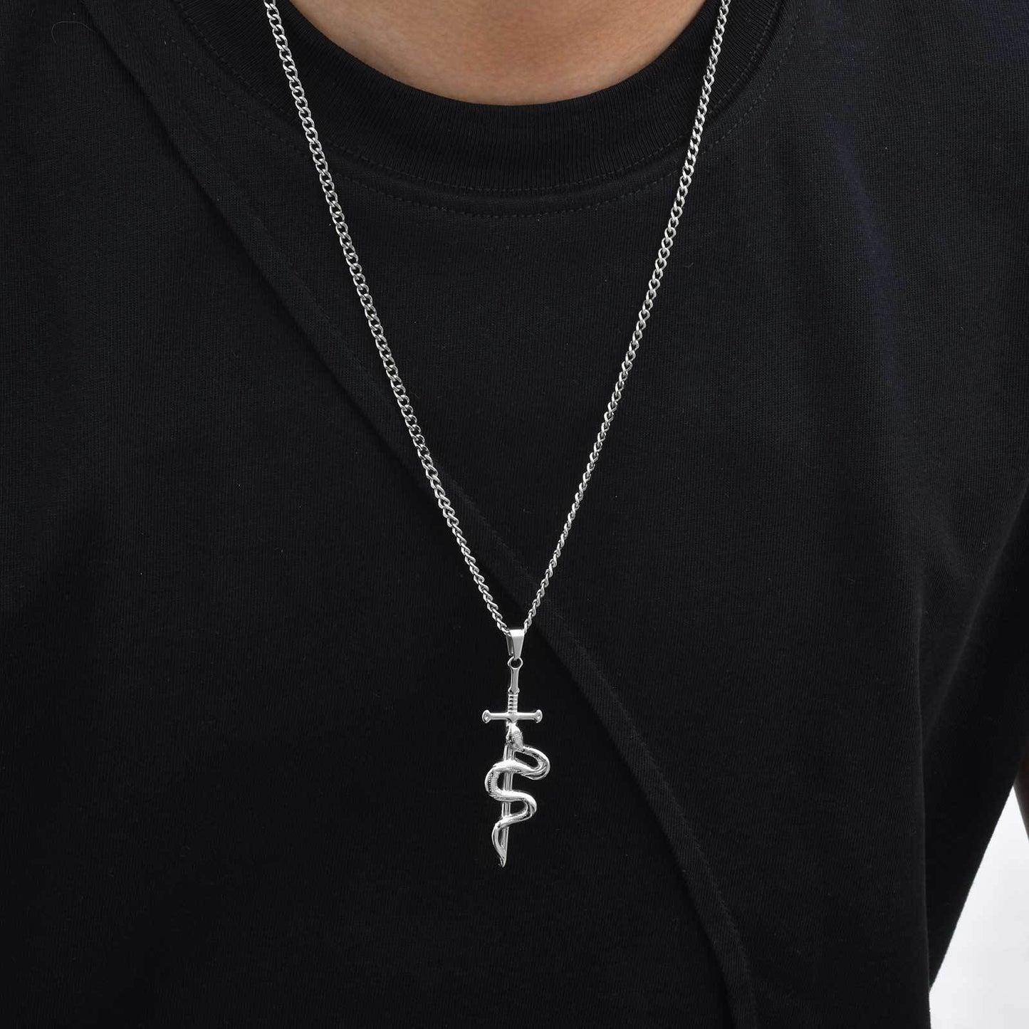 Kemstone Stainless Steel Snake Cross Pendant Necklace – Street Punk Style for Men PN-2183