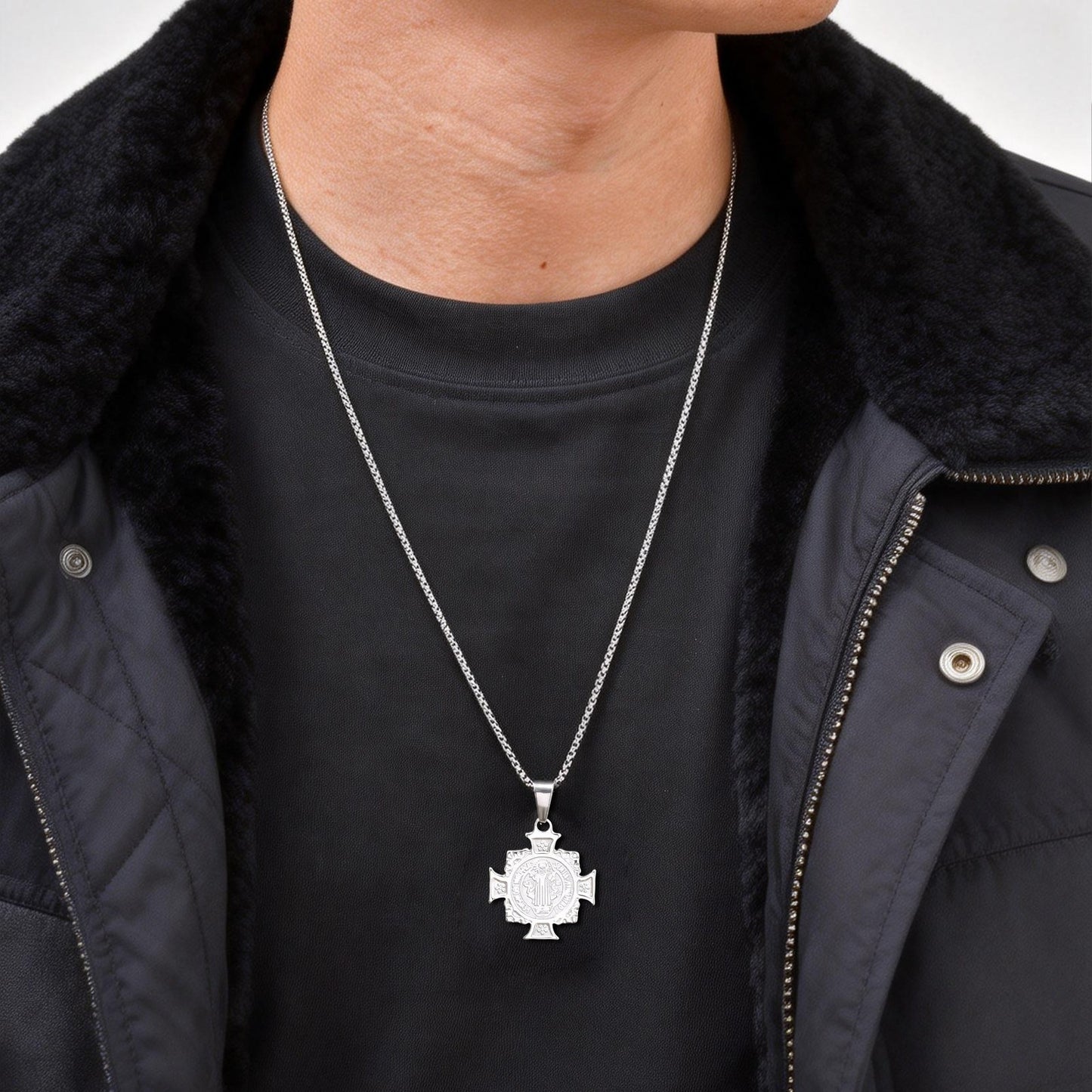 Kemstone Stainless Steel Saint Benedict Cross Pendant Necklace for Men PN-2297