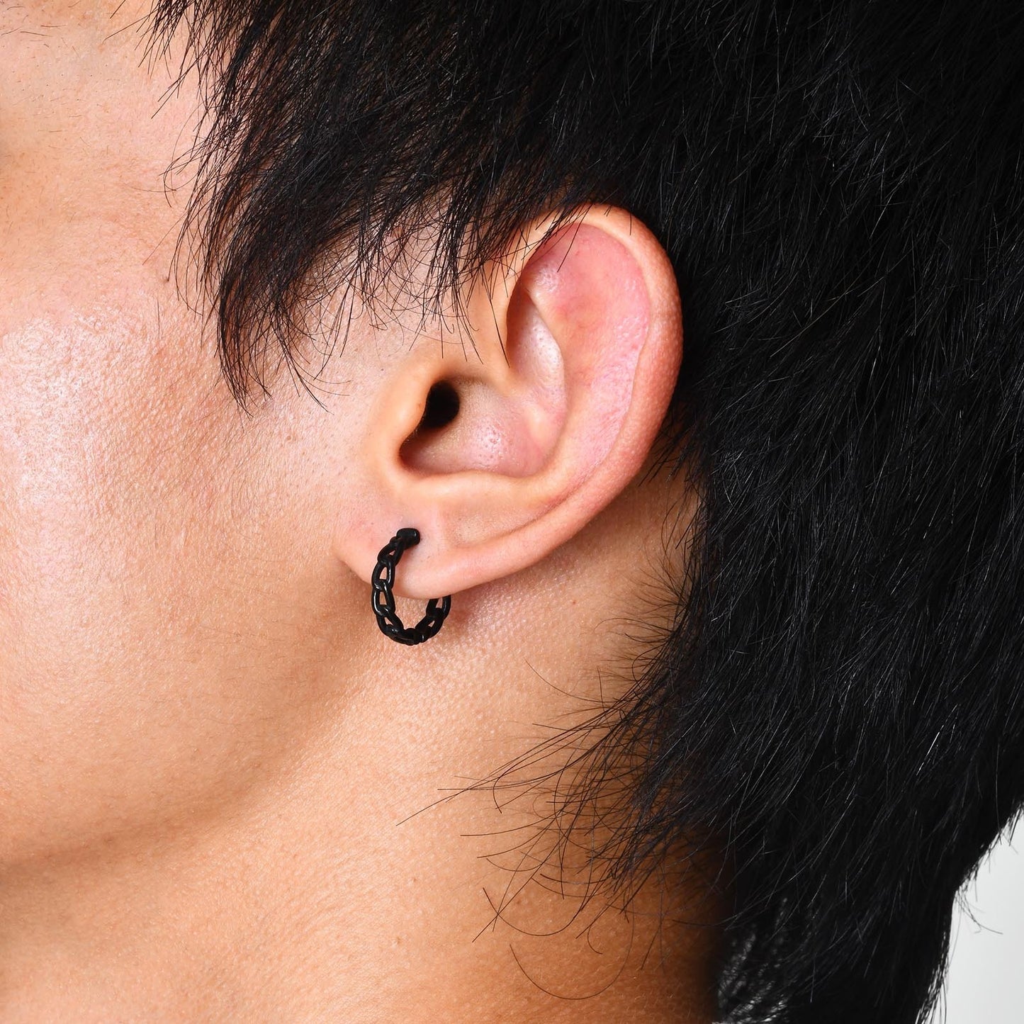 Kemstone Men’s Stainless Steel Chain Hoop Earring – Silver Black EH-302