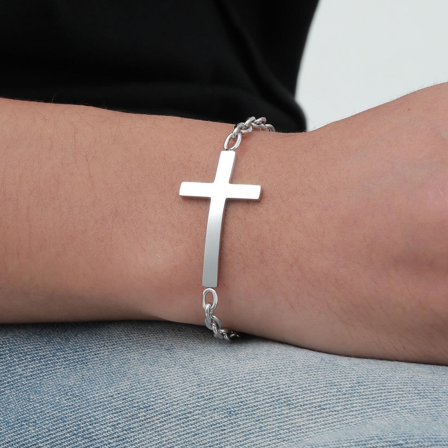 Kemstone Stainless Steel Cross Bar Bracelet for Men Silver BR-2256S