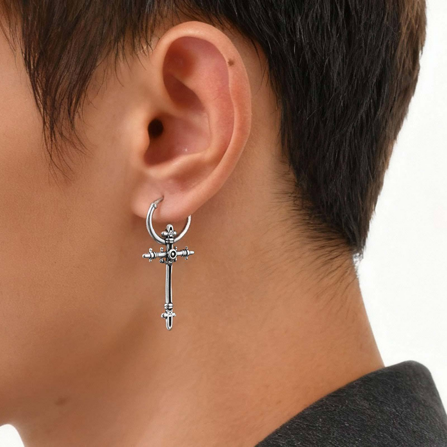 Kemstone Stainless Steel Cross Hoop Earring for Men – Vintage Silver ED-966
