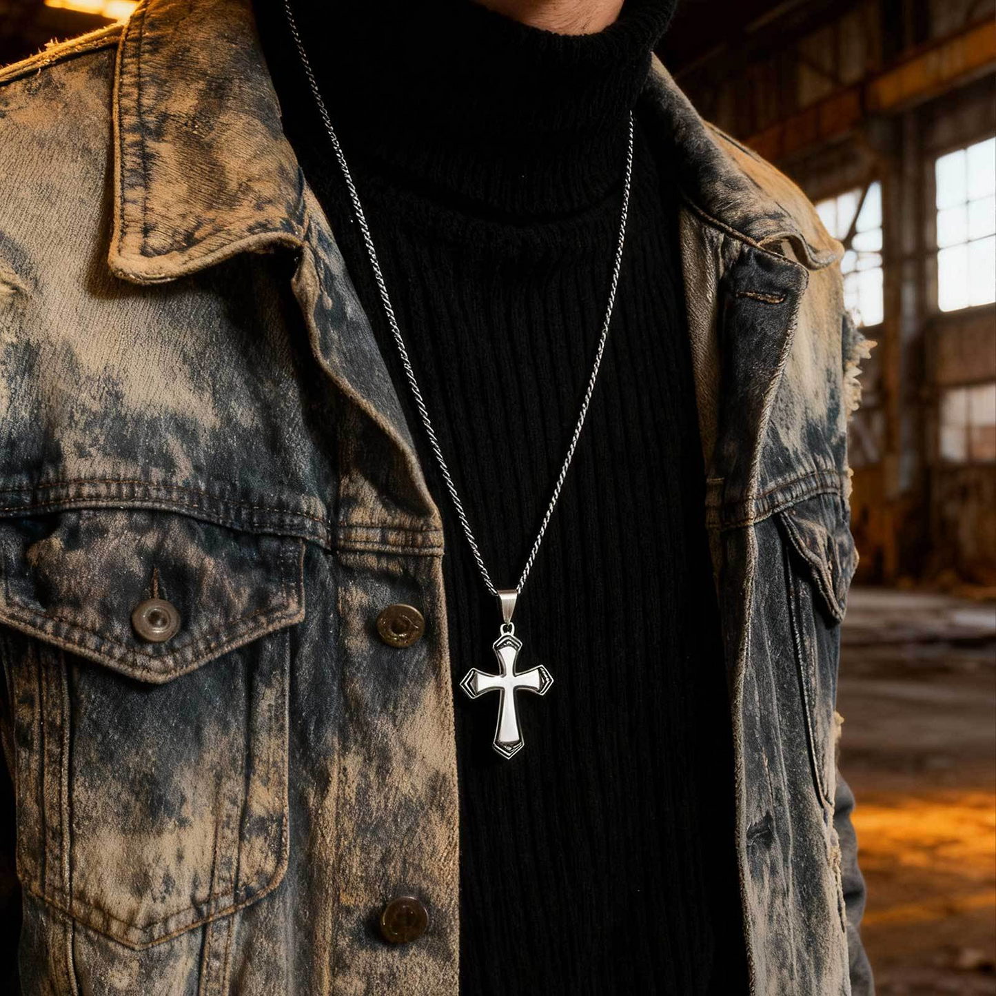 Kemstone Stainless Steel Faceted Cross Pendant Necklace for Men PN-2263