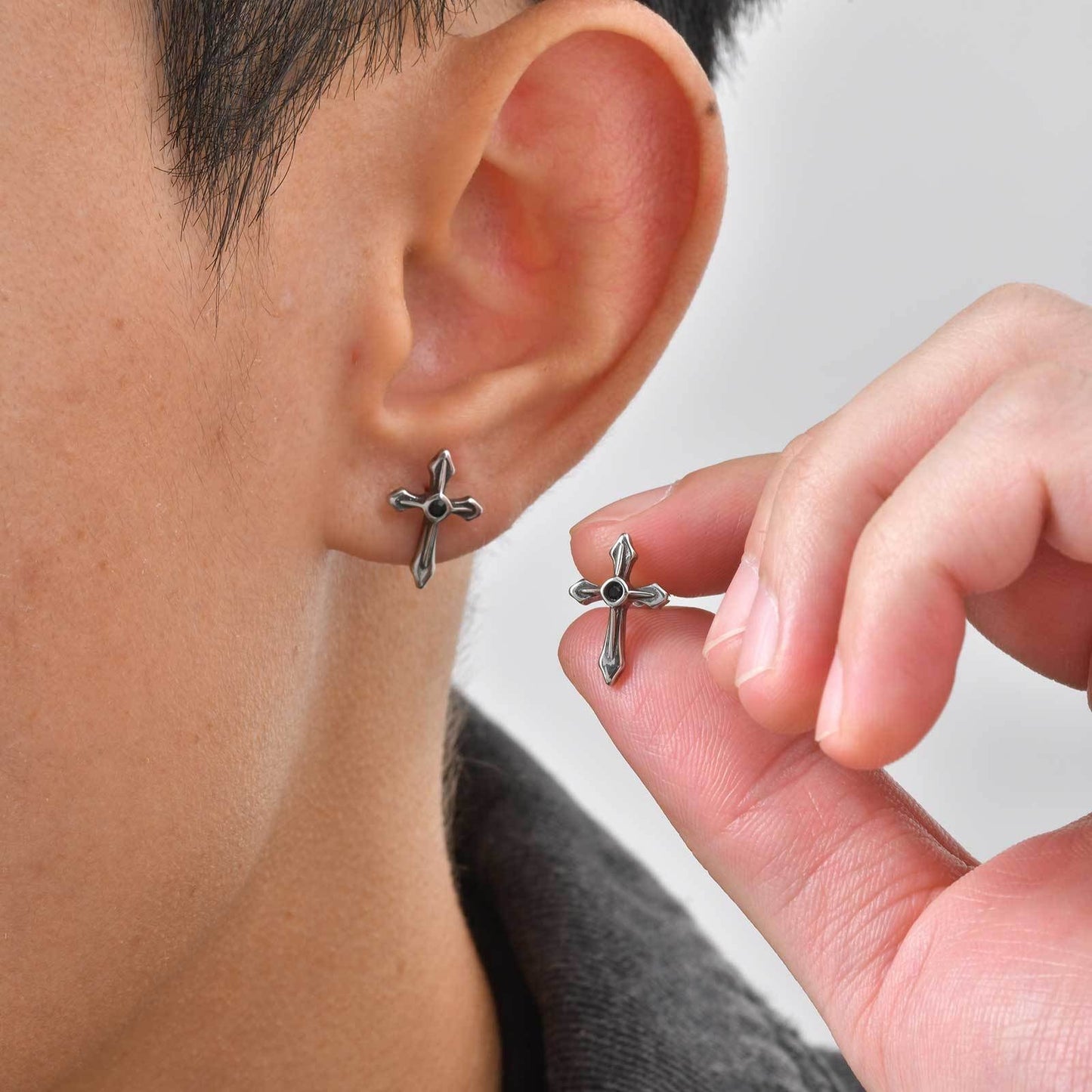 Kemstone Stainless Steel Cross Stud Earring for Men – Black Cubic Zirconia ES-745