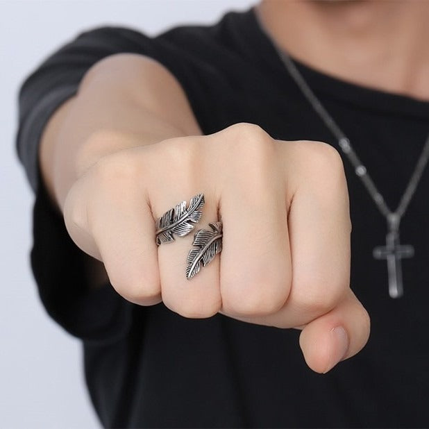 Kemstone Men’s Stainless Steel Feather Ring Adjustable Punk Style RC-293