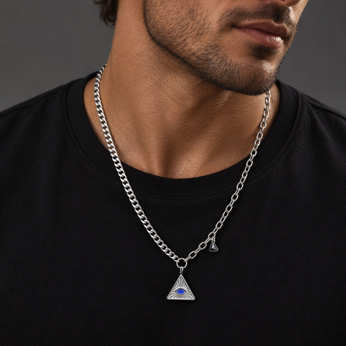 Kemstone Blue Glass Triangle Necklace for Men Stainless Steel NC-3216