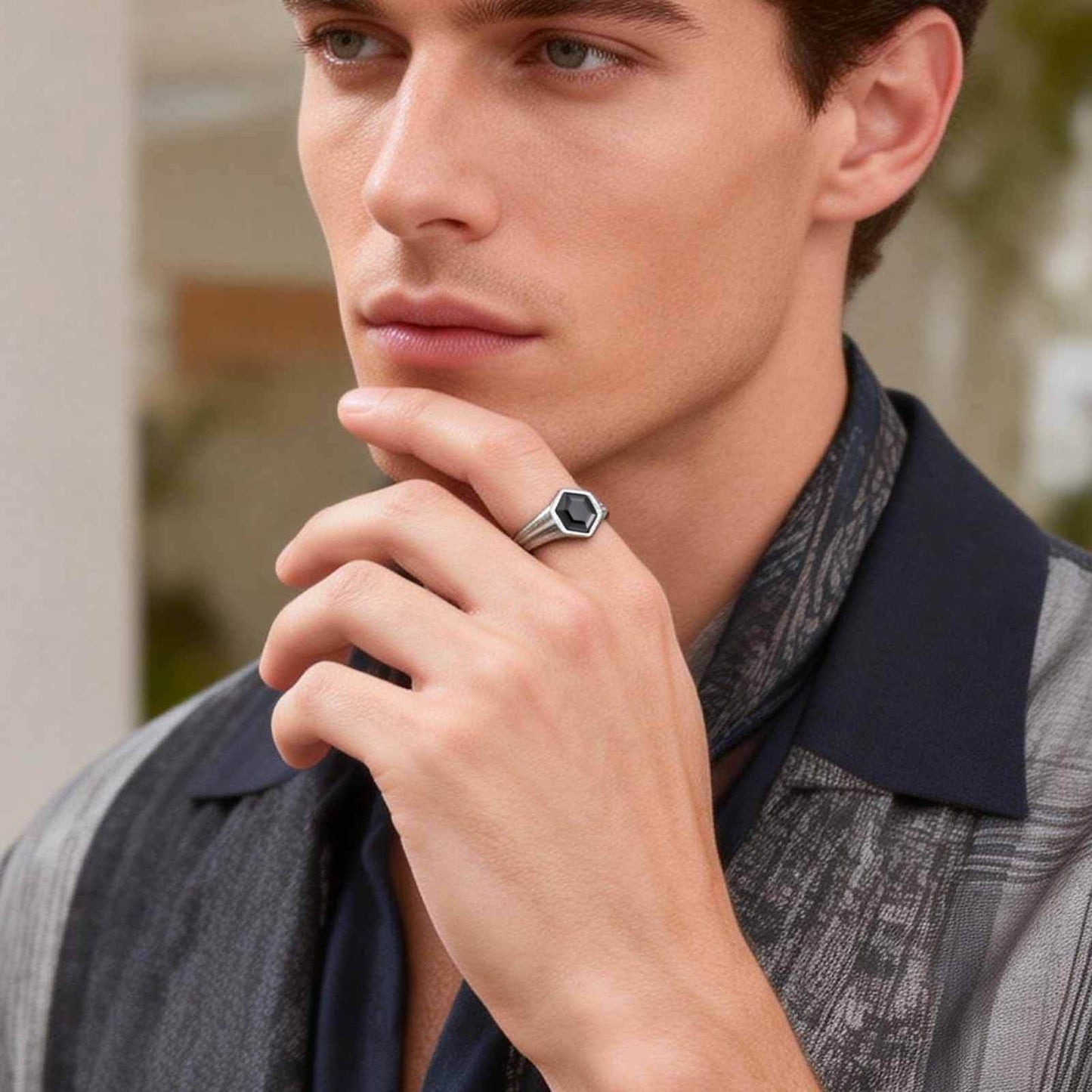 Kemstone Stainless Steel Hexagon Cubic Zirconia Signet Ring for Men Vintage Silver RC-985