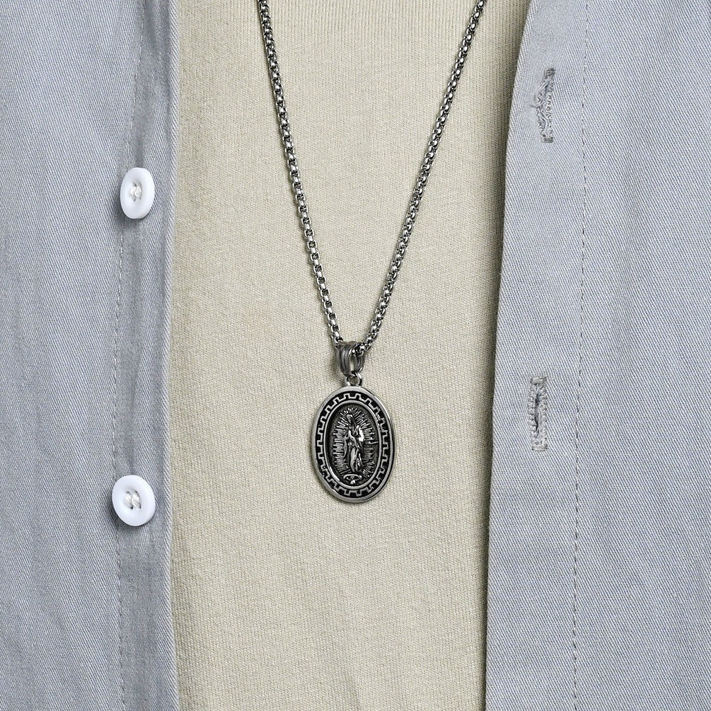 Kemstone Stainless Steel Guardian Figure Oval Pendant Necklace for Men K-PT689