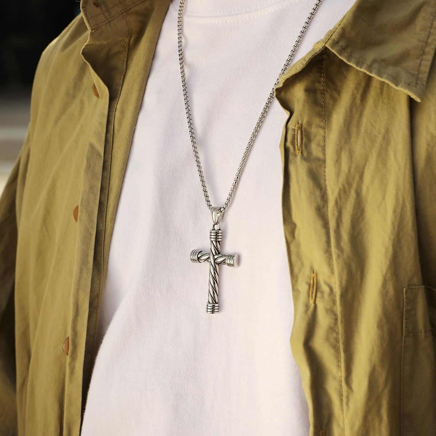 Kemstone Men’s Stainless Steel Rope Cross Pendant Necklace – Silver PN-1979
