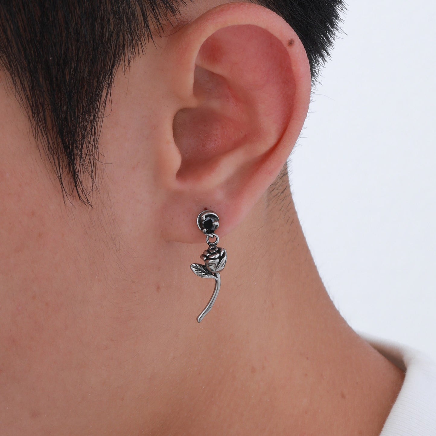 Kemstone Stainless Steel Rose Drop Earring with Black Cubic Zirconia for Men ED-788