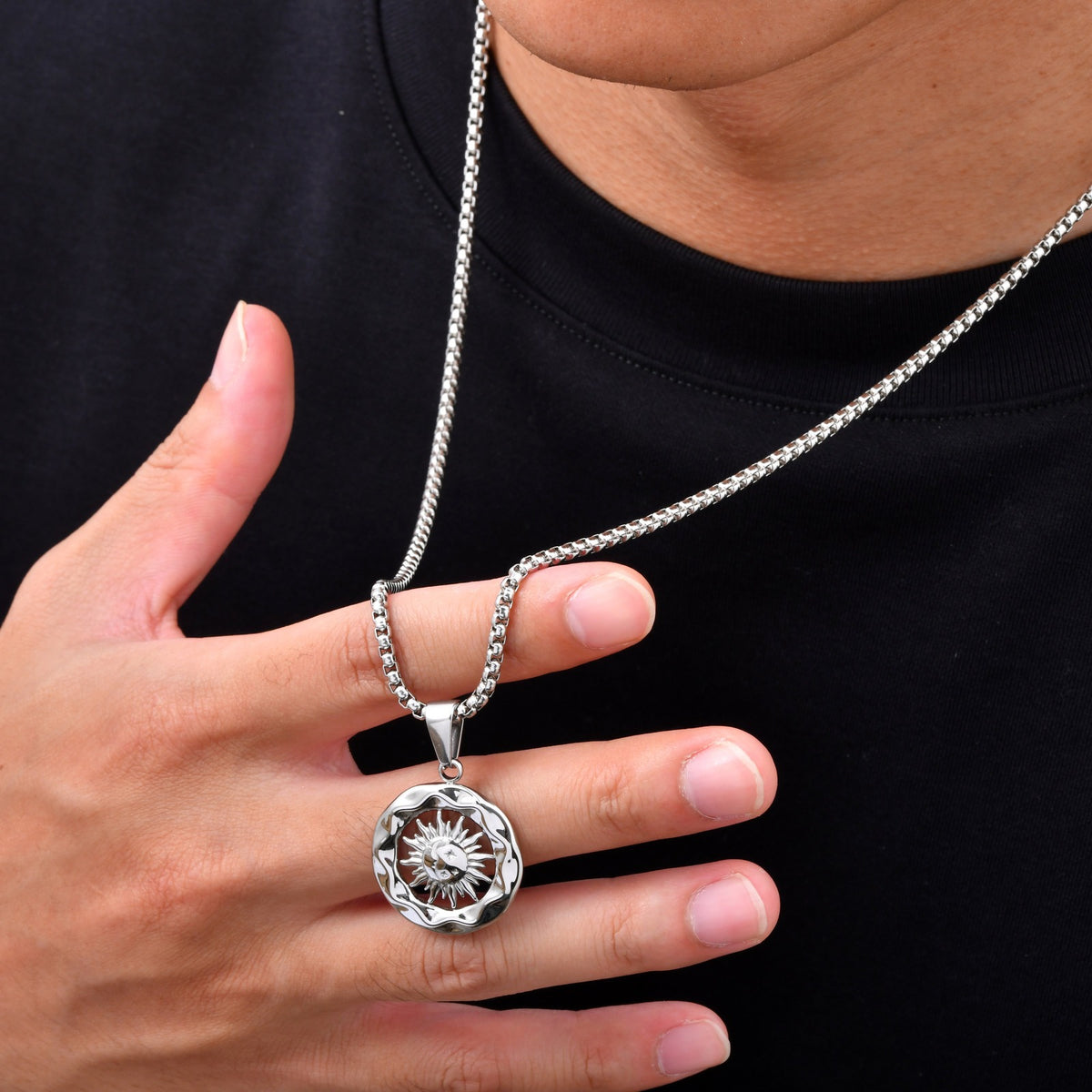Kemstone Stainless Steel Sun Moon Round Pendant Necklace for Men PN-2457