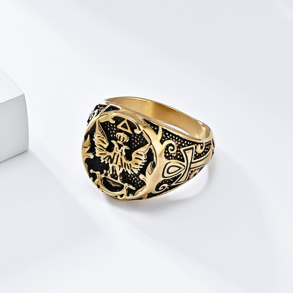 Kemstone Stainless Steel Double Eagle Signet Ring for Men Vintage Gothic Style K-R897