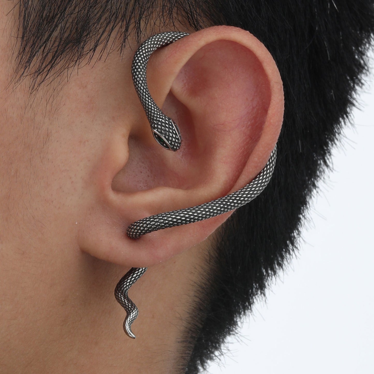 Kemstone Men’s Stainless Steel Snake Ear Cuff – Green Eye Gothic Earring ED-785