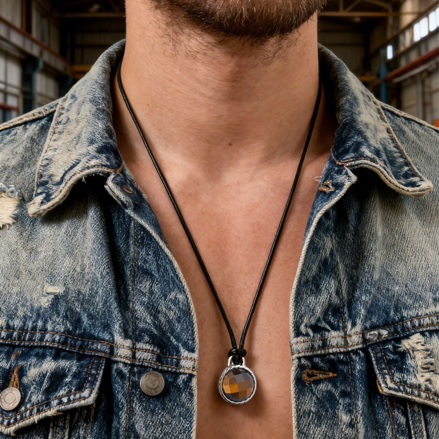 Kemstone Tiger Eye Stone Pendant Necklace Stainless Steel Vintage Rope for Men NC-2660