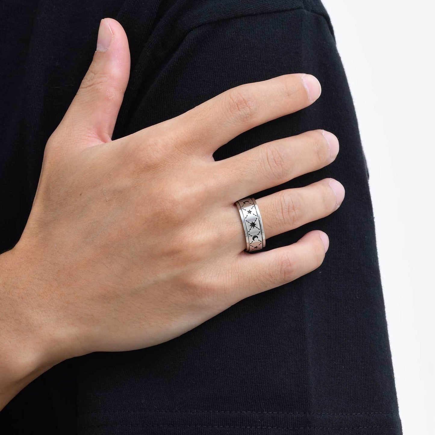 Kemstone Stainless Steel Spinner Ring for Men – Sun & Moon Design | R-576