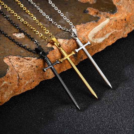 Kemstone Stainless Steel Sword Pendant Necklace for Men – Silver, Gold, Black NC-2556