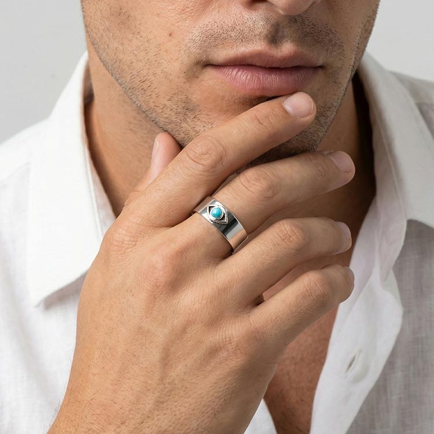 Kemstone Stainless Steel Turquoise Evil Eye Open Ring for Men RC-1022