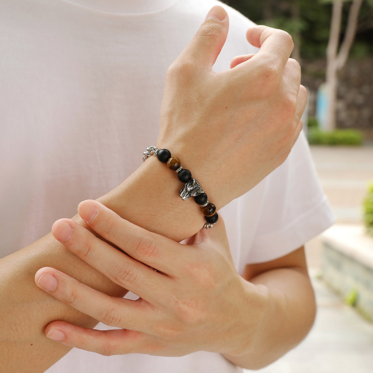 Kemstone Wolf Head Bracelet for Men Stainless Steel Tiger Eye Bead Bracelet BR-1904