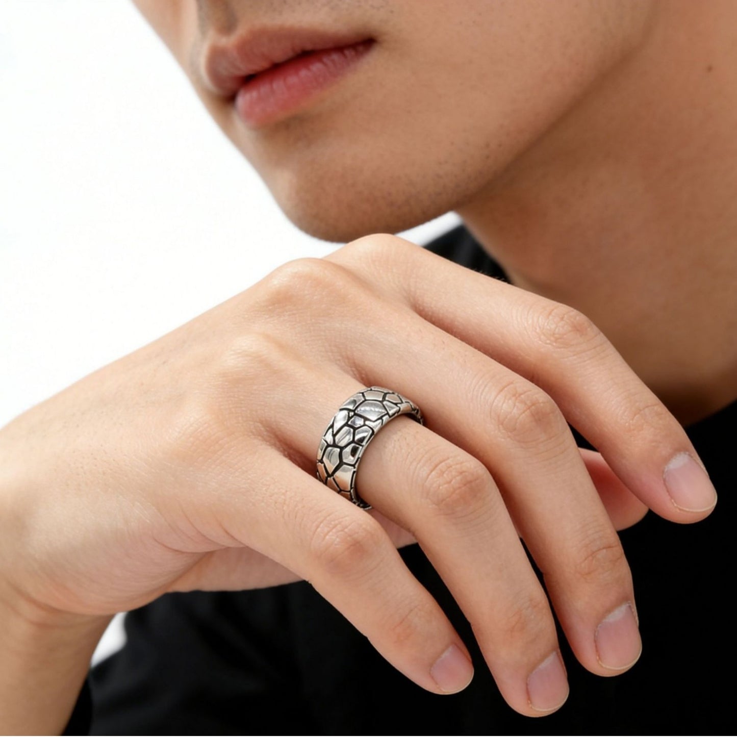 Kemstone Textured Ring for Men Titanium Steel Cracked Pattern Wide Band R1970