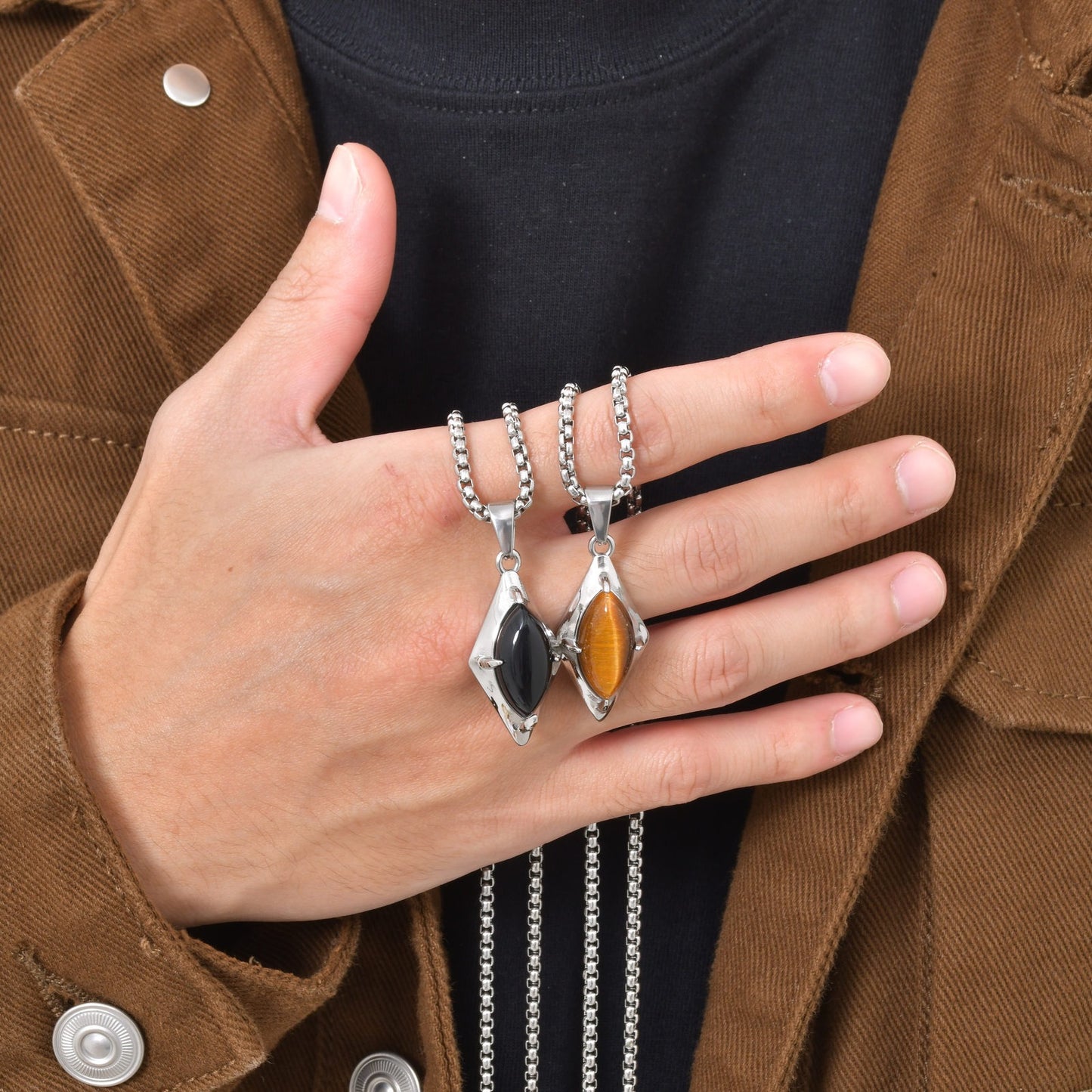 Kemstone Stainless Steel Tiger Eye Agate Pendant Necklace for Men PN-2271