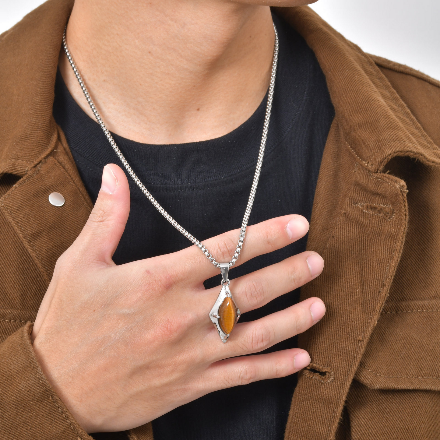 Kemstone Stainless Steel Tiger Eye Agate Pendant Necklace for Men PN-2271