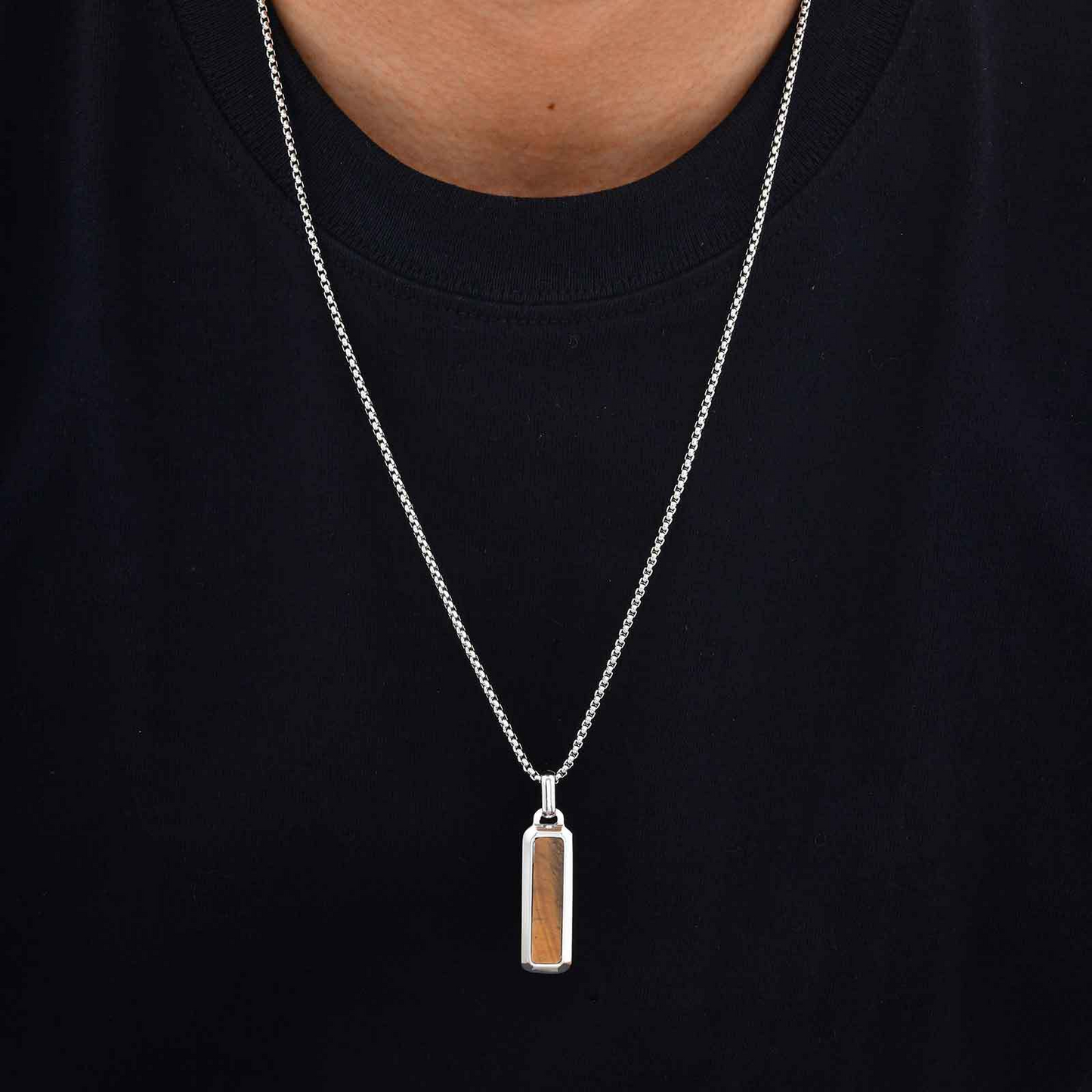 Kemstone Tiger Eye Pendant Necklace for Men – Stainless Steel Bar Necklace PN-2226