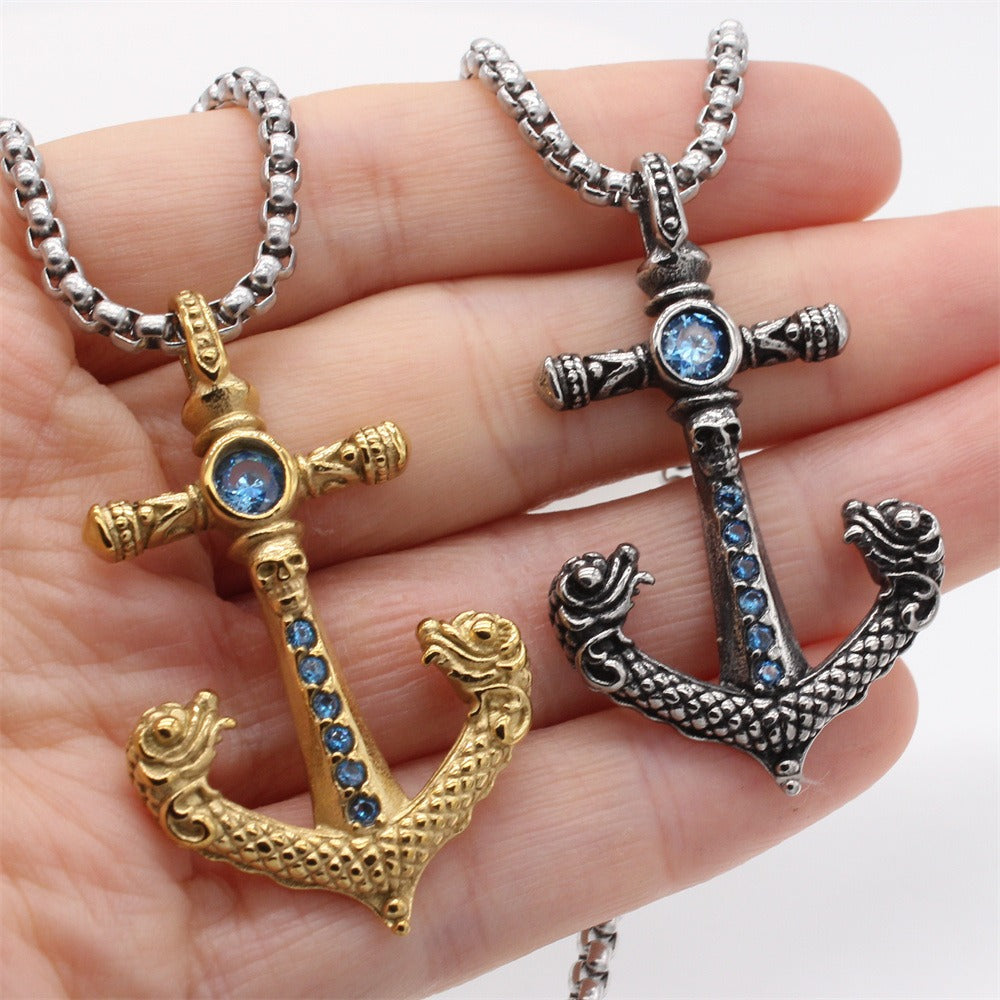 Kemstone Titanium Steel Anchor Pendant Necklace for Men with Cubic Zirconia – Gold & Silver P1411