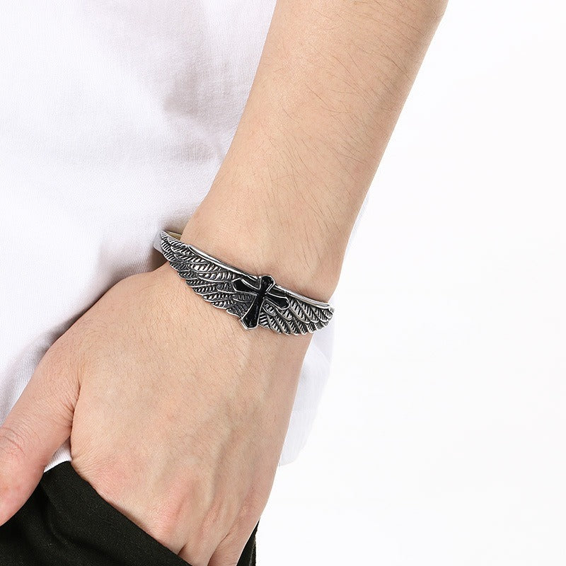Kemstone Titanium Steel Angel Cross Cuff Bracelet for Men KB209283-LU