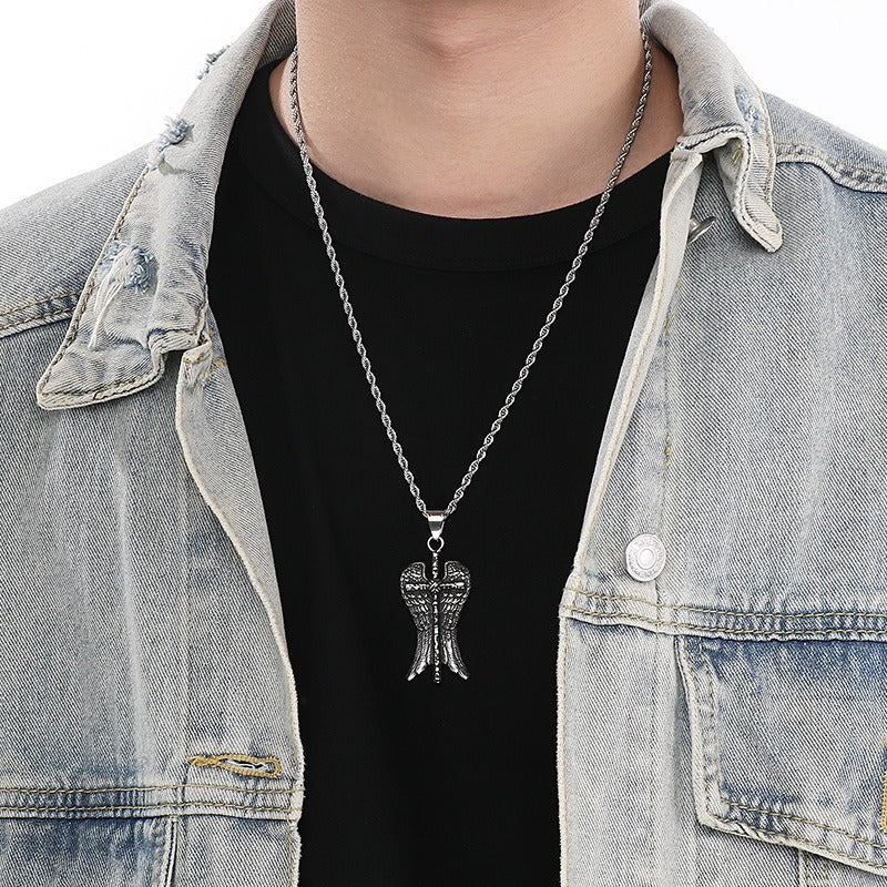 Kemstone Men’s Angel Wing Cross Necklace – Titanium Steel Gothic Pendant KP116184-MZOZ