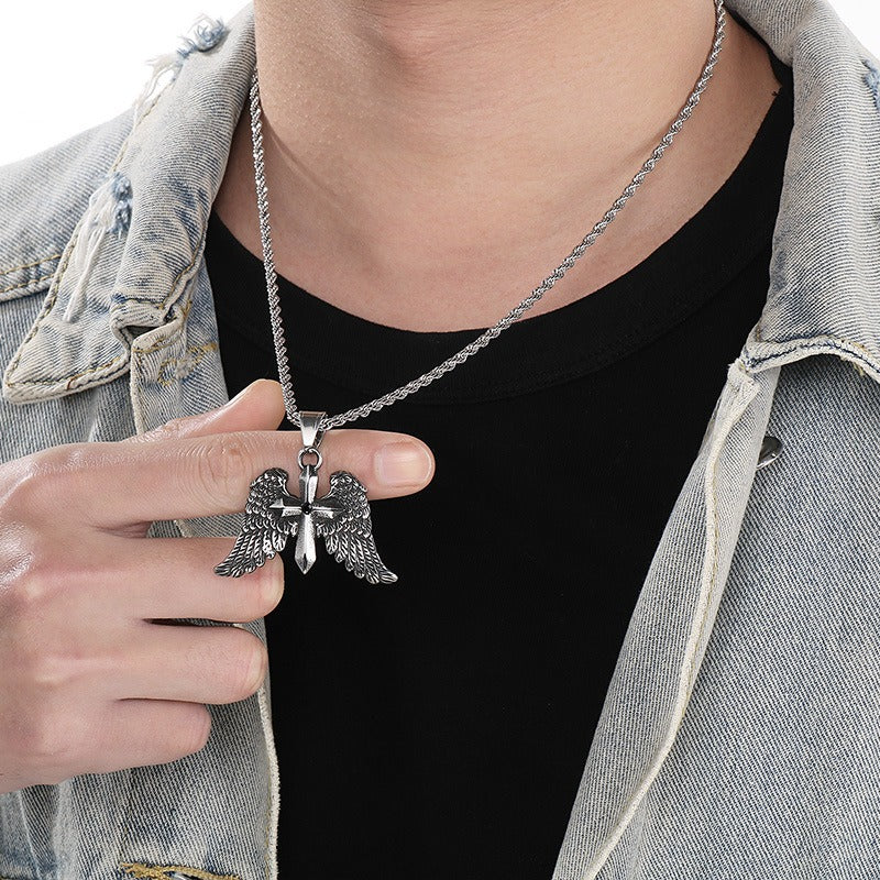 Kemstone Men’s Angel Wing Cross Necklace – Titanium Steel Gothic Pendant KP116184-MZOZ