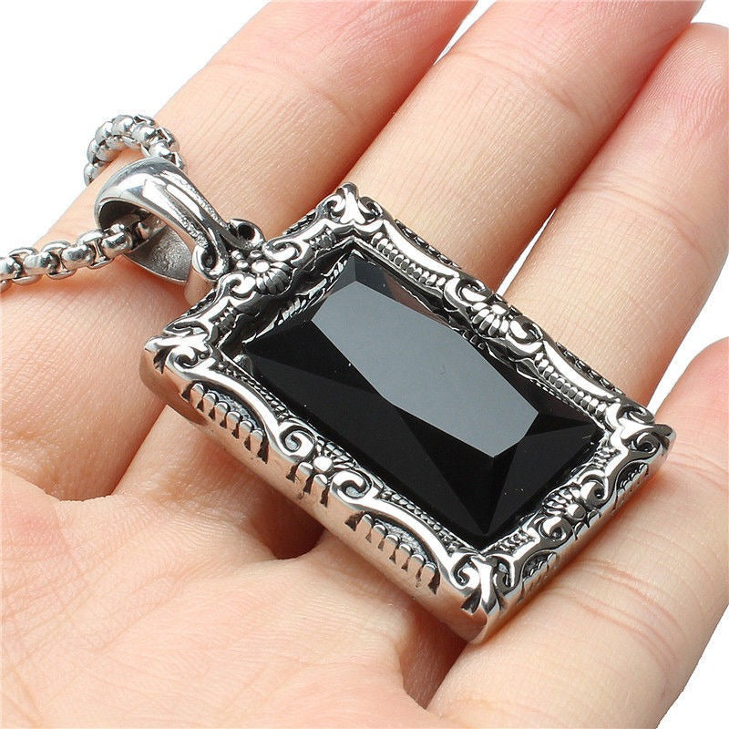 Kemstone Black Stone Pendant Necklace for Men Titanium Steel Vintage Frame P0791