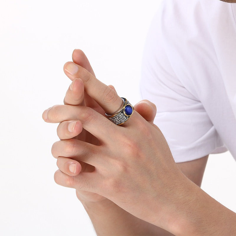 Kemstone Titanium Steel Cat Eye Ring for Men – Blue Stone Hip Hop Style KR114130-GC
