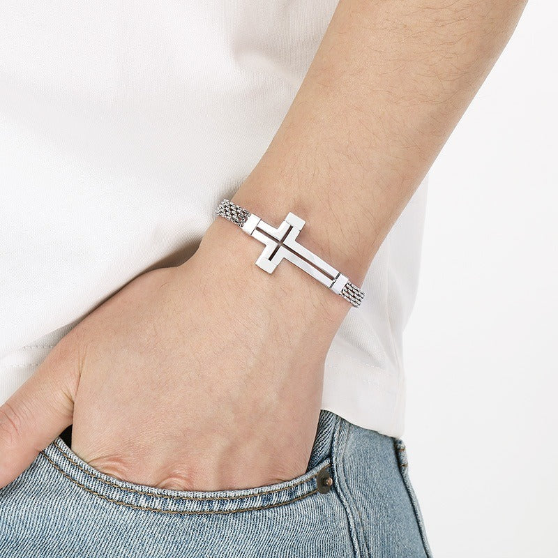 Kemstone Titanium Steel Hollow Curved Cross Bracelet for Men Adjustable Double Chain Gold Silver Black KB212800-KFC