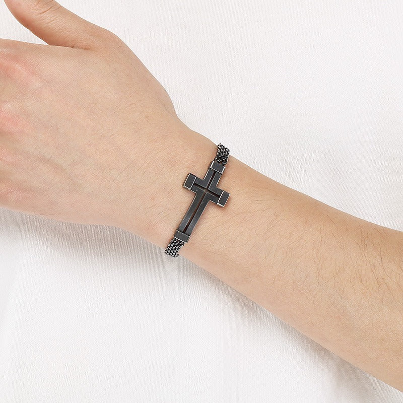 Kemstone Titanium Steel Hollow Curved Cross Bracelet for Men Adjustable Double Chain Gold Silver Black KB212800-KFC