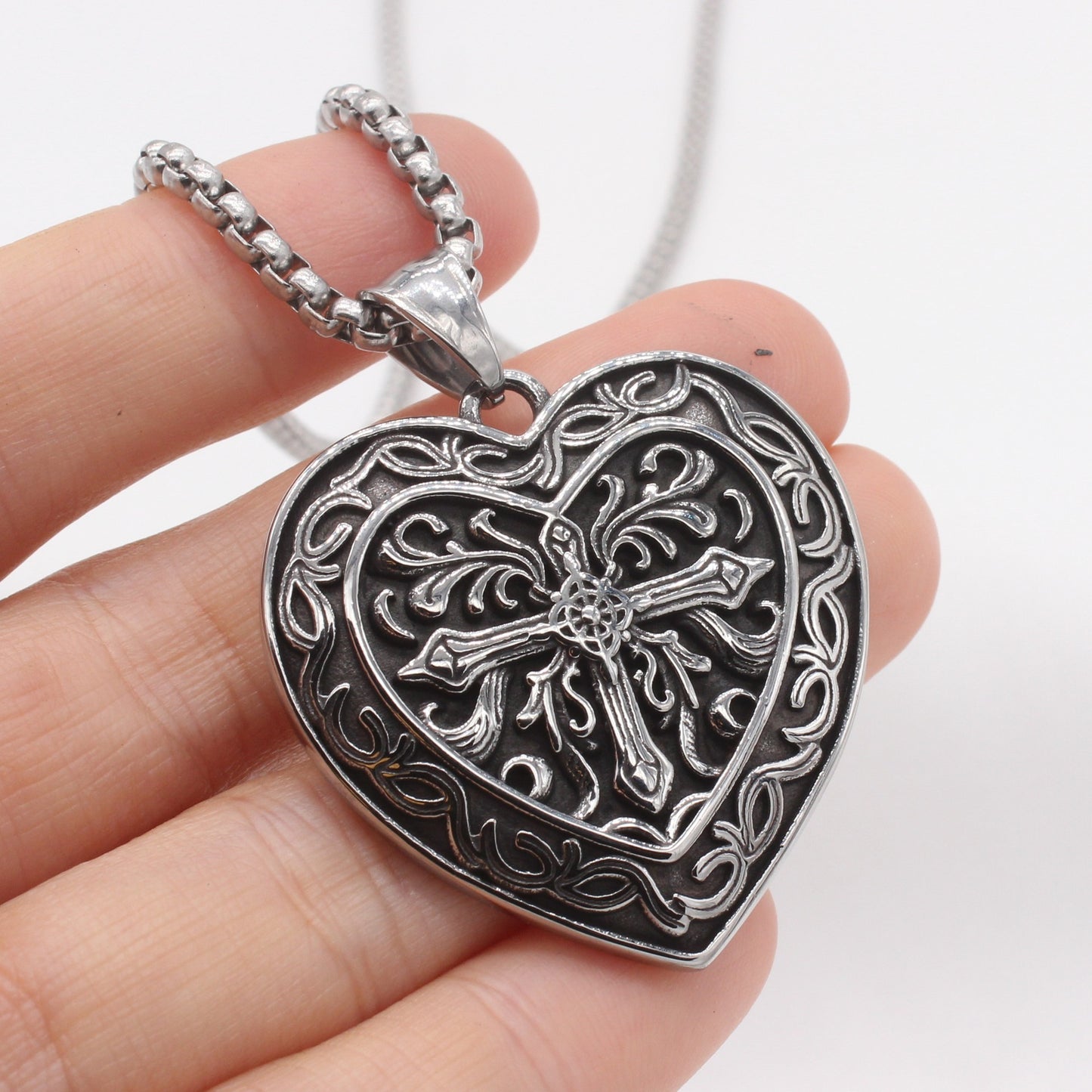 Kemstone Titanium Steel Cross Heart Pendant Necklace for Men Vintage P1544