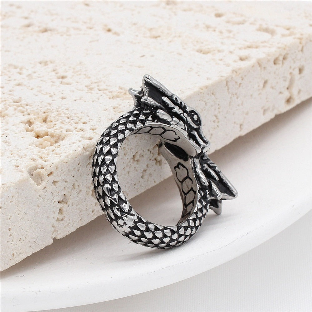 Kemstone Double Dragon Head Ring for Men Titanium Steel Vintage R1105