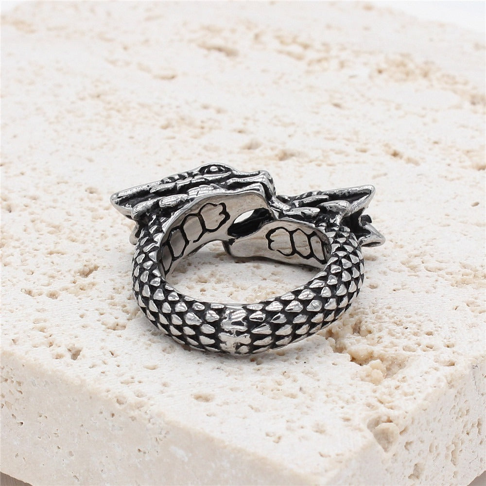 Kemstone Double Dragon Head Ring for Men Titanium Steel Vintage R1105
