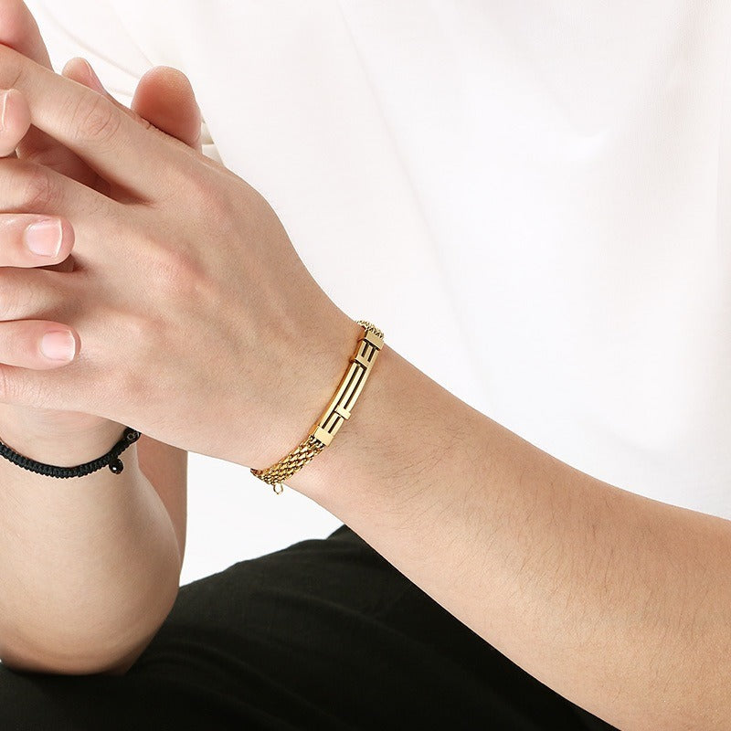 Kemstone Titanium Steel Mesh Chain Bracelet for Men Geometric Bar Adjustable Gold Silver Black KB212525-KFC