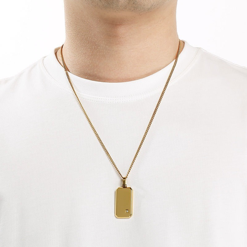 Kemstone Titanium Steel Tag Pendant Necklace for Men Minimalist Rectangular Cubic Zirconia KN301519-KFC