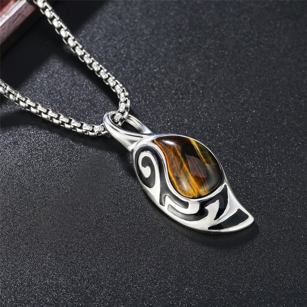 Kemstone Titanium Steel Tiger Eye Stone Pendant Necklace for Men Silver P0556