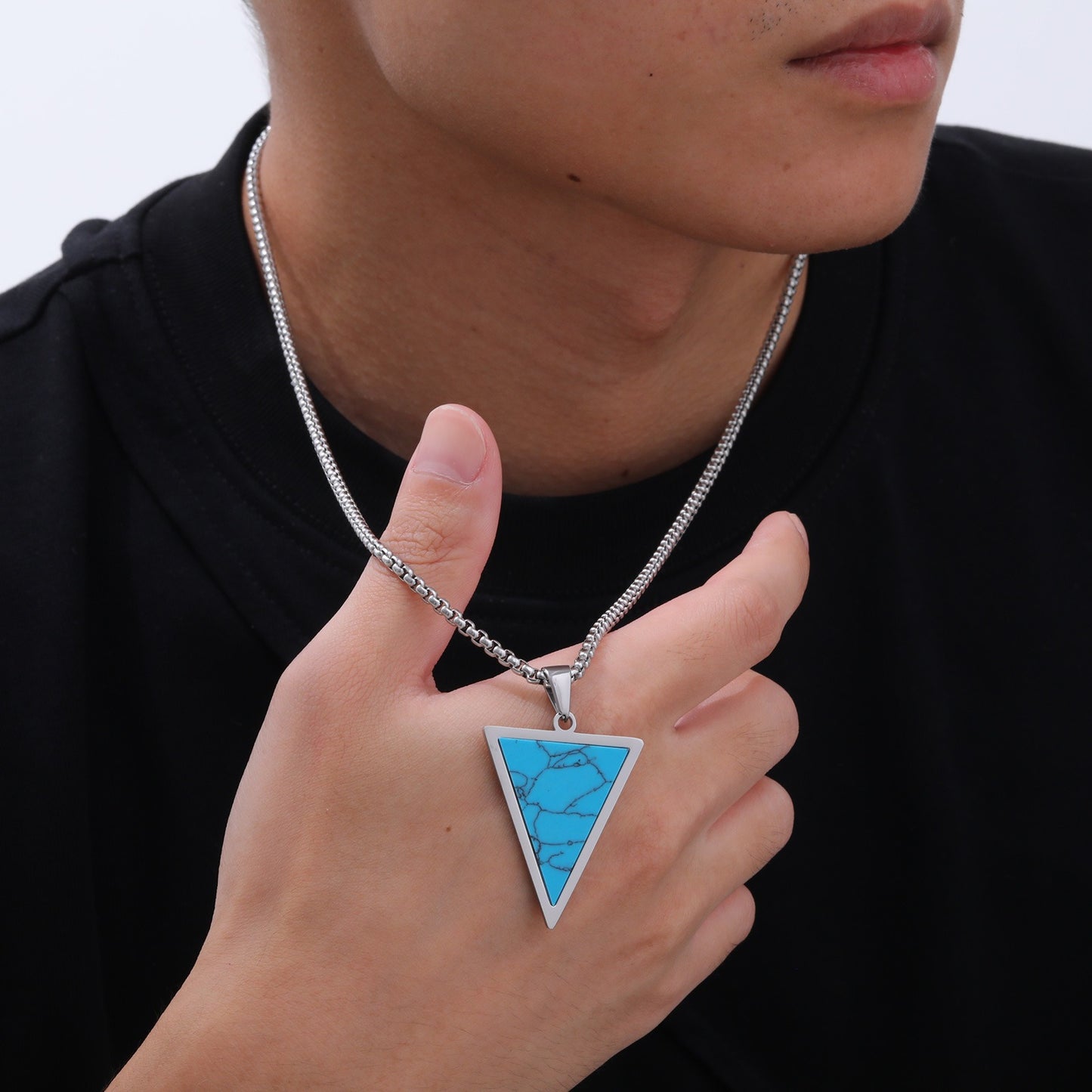 Kemstone Stainless Steel Turquoise Triangle Pendant Necklace – Geometric Stone Charm for Men PN-2023