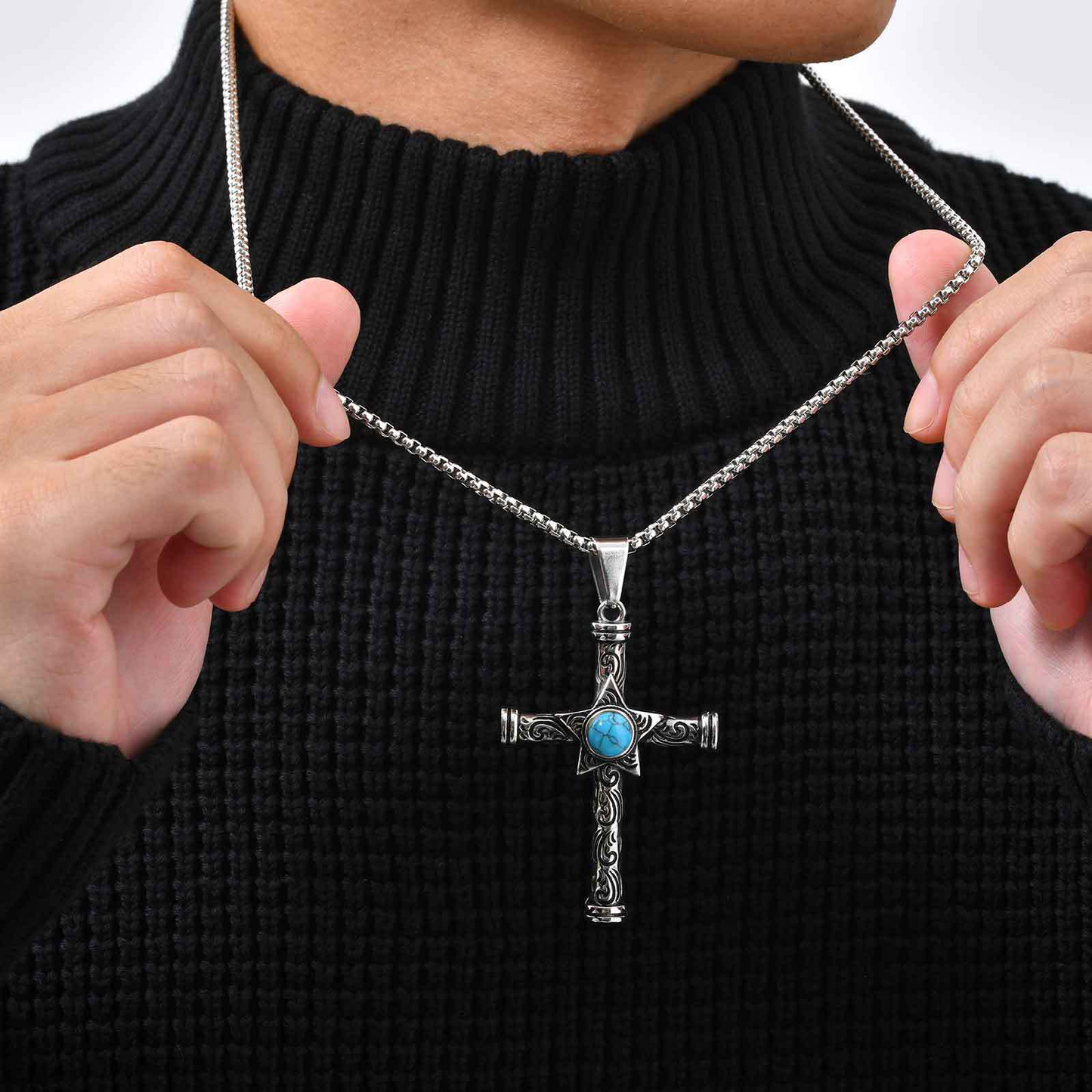 Kemstone Stainless Steel Cross Pendant Necklace Men’s Turquoise Star PN-2235