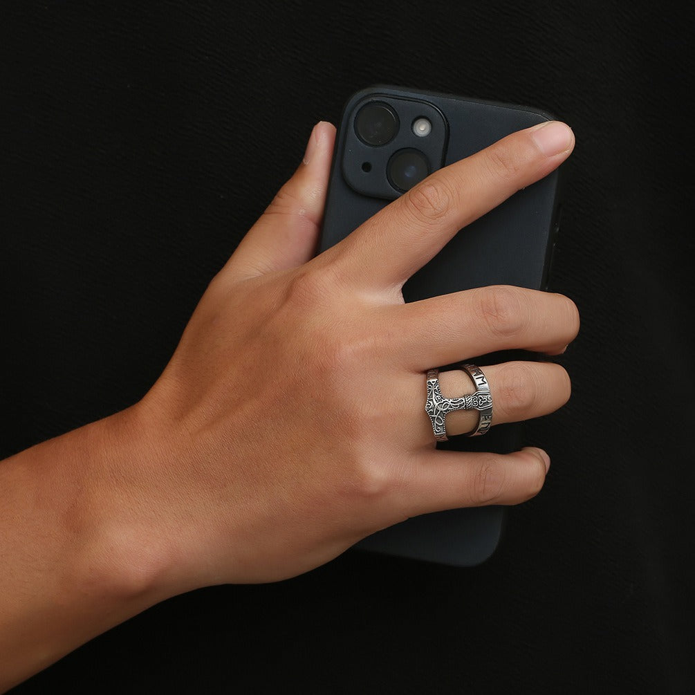 Kemstone Men’s Titanium Steel Ring – Viking Thor’s Hammer Rune Band K-R708