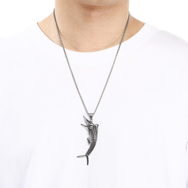 Kemstone Titanium Steel Octopus Fish Bone Pendant Necklace for Men Punk Ocean Animal Vintage Oxidized Silver KP117754-LU