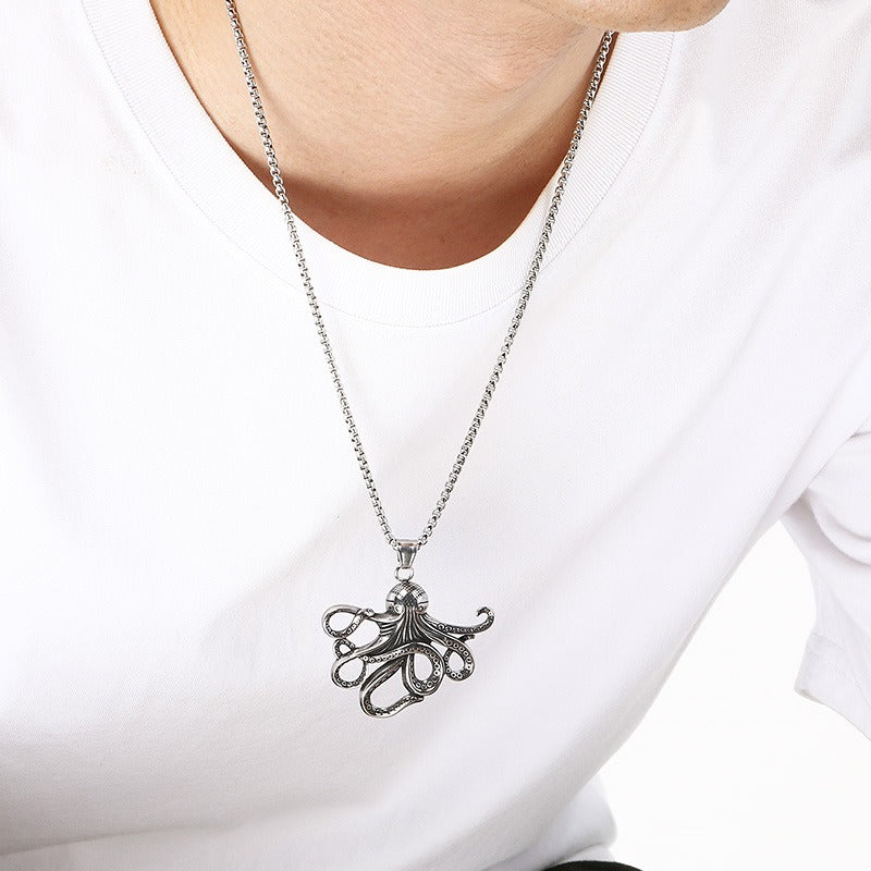Kemstone Titanium Steel Octopus Fish Bone Pendant Necklace for Men Punk Ocean Animal Vintage Oxidized Silver KP117754-LU