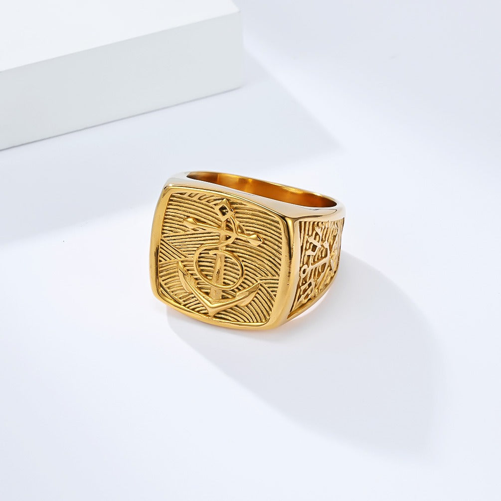 Kemston Nautical Anchor Ship Wheel Ring for Men Stainless Steel Vintage Marine Style K-R1054