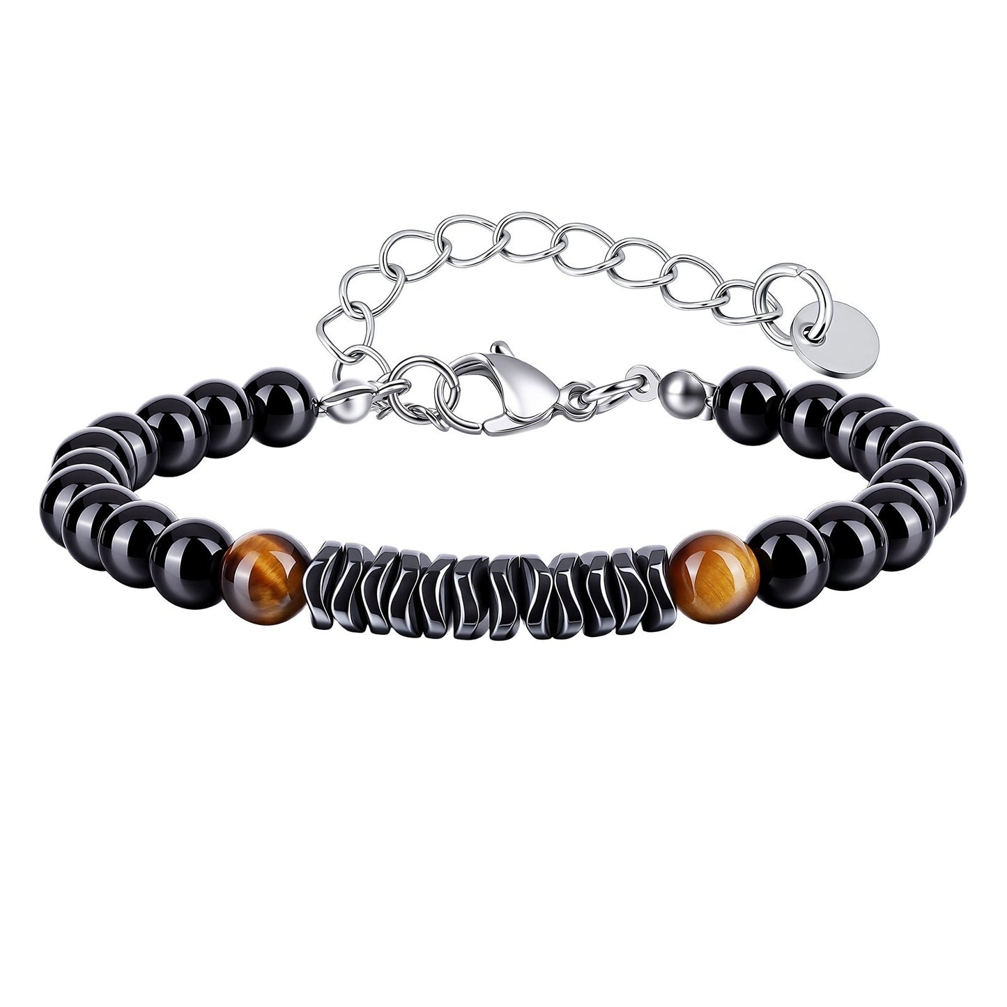 Kemston Stainless Steel Tiger Eye Beaded Bracelet for Men Black Onyx Hematite Stone Adjustable BR-2919