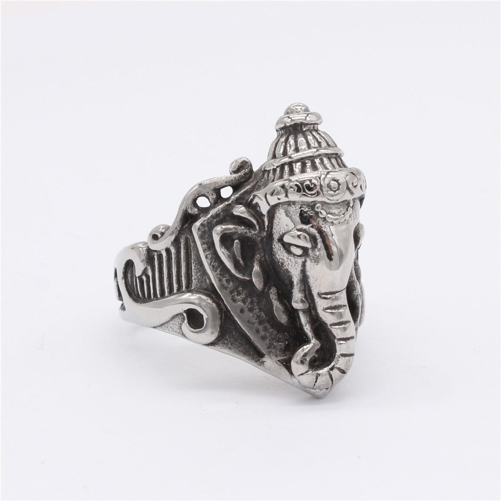 Kemstone Titanium Steel Elephant Signet Ring for Men Vintage Symbol Design R1381
