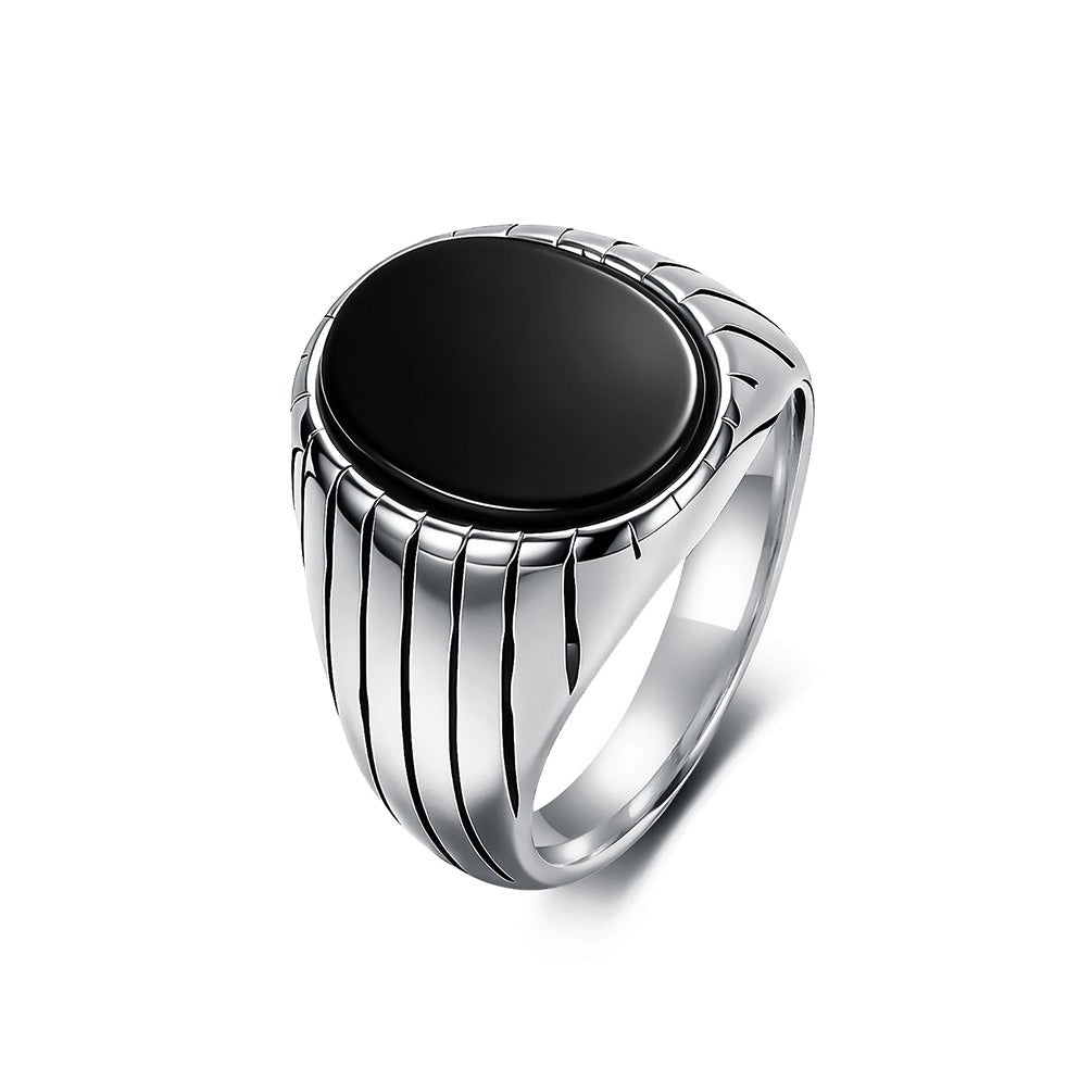 Kemstone Stainless Steel Black Stone Signet Ring for Men – Modern Masculine Oval Band K-R1175